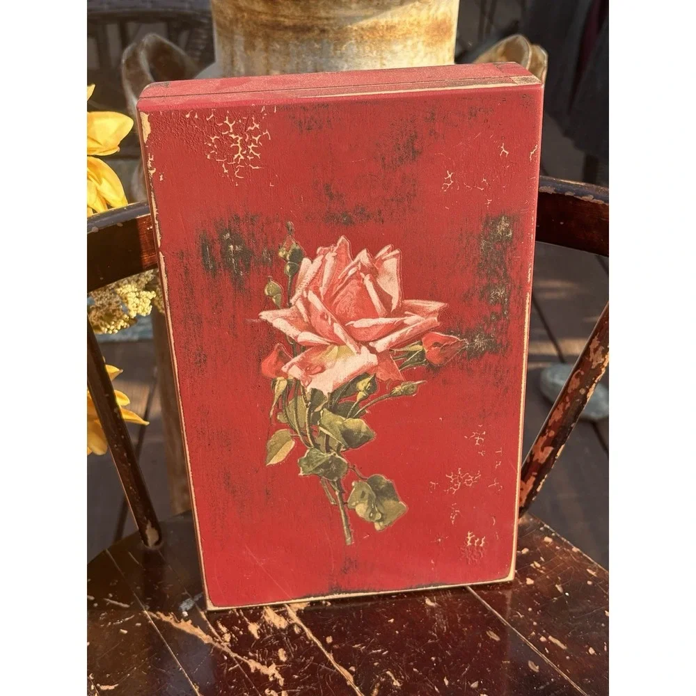 Distressed Red Floral Decal Wood Hinged Box 11 X 7 X 2 Cottagecore Decor Roses